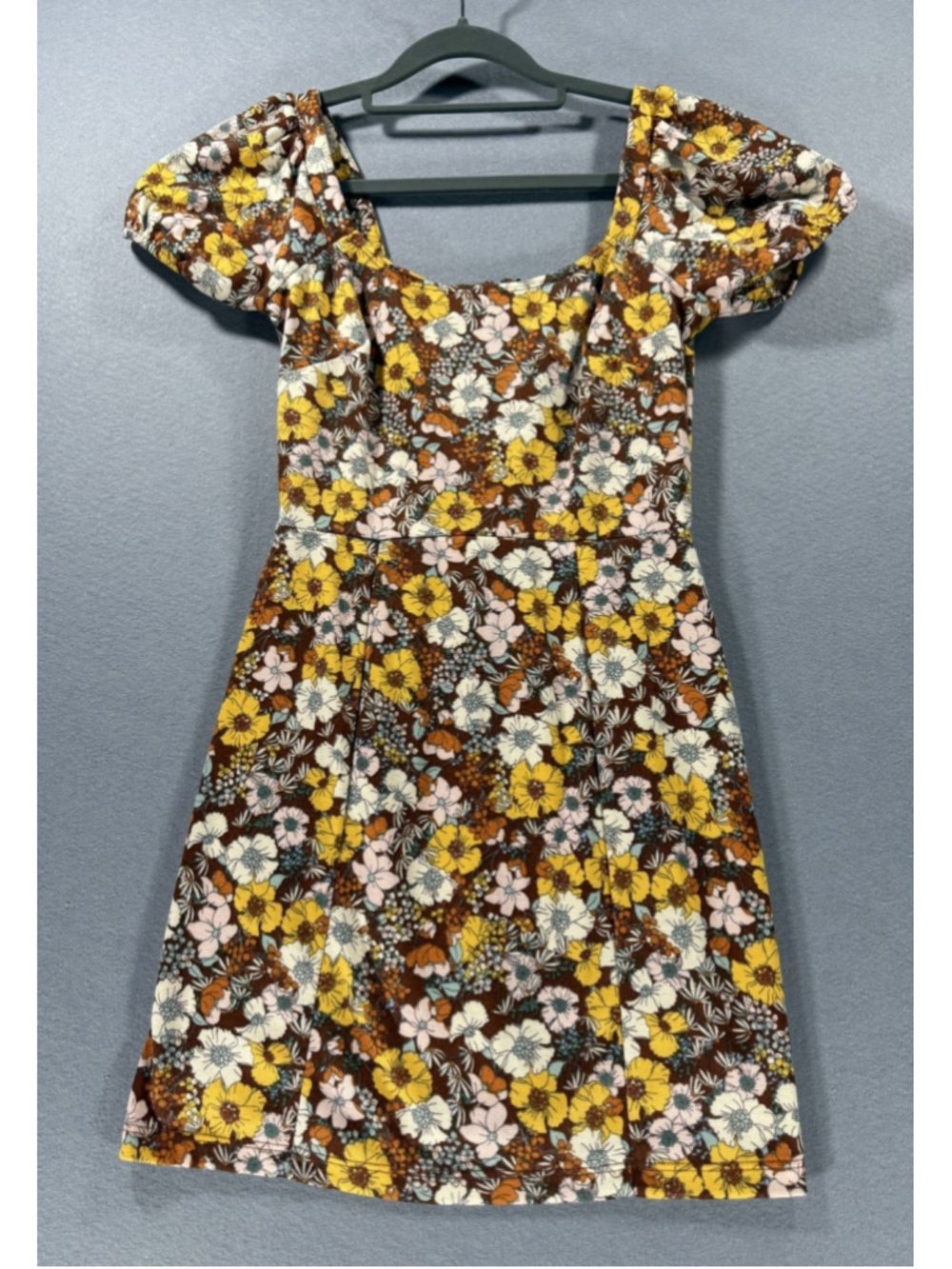 Altar’d State Women XS Brown Floral Boho Retro Puff Sleeves Mini Dress Bodycon